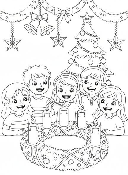 Kinder zünden die dritte Kerze an, Ausmalbild für die Adventswoche 3 für Kinder im Alter von 5-10 Jahren.