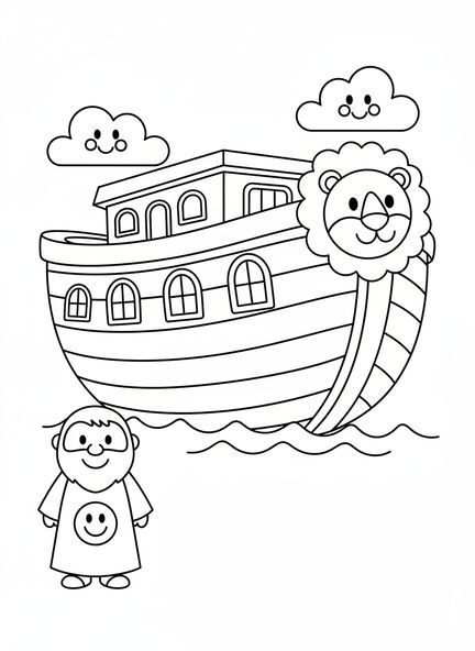 Lächelnder Noah neben der Arche, Ausmalbild für die dritte Adventskerzenwoche für Vorschulkinder im Alter von 3-5 Jahren.