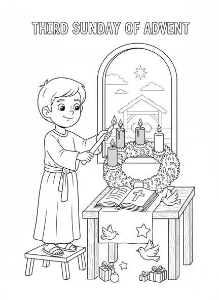Un enfant allume la troisième bougie violette, page à colorier de la Semaine 3 de l'Avent pour les enfants de l'École du dimanche âgés de 5 à 12 ans.