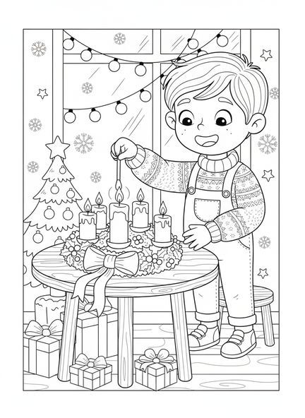 Enfant allumant la quatrième bougie de l'Avent, page à colorier de la Semaine 4 de l'Avent pour les enfants de 5 à 10 ans.