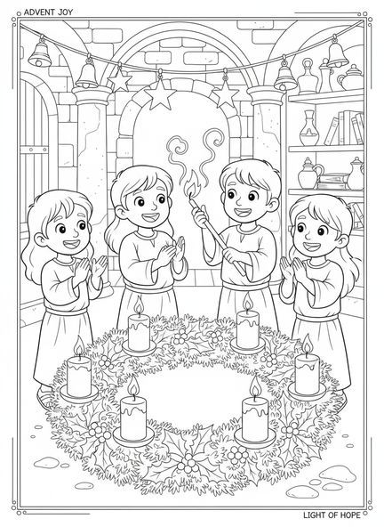 Groupe d'enfants allumant la bougie de l'Avent, page à colorier de la quatrième semaine de l'Avent pour les enfants de l'école du dimanche âgés de 5 à 12 ans.
