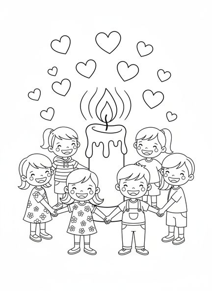 Kerze umgeben von Kindern, Adventswoche Liebe Ausmalbild für Kinder im Alter von 5-10 Jahren.