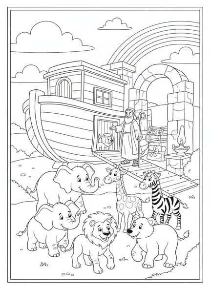 Elefanten und Löwen besteigen die Arche, Ausmalbild zur Adventswoche Liebe für Sonntagsschulkinder im Alter von 5-12 Jahren