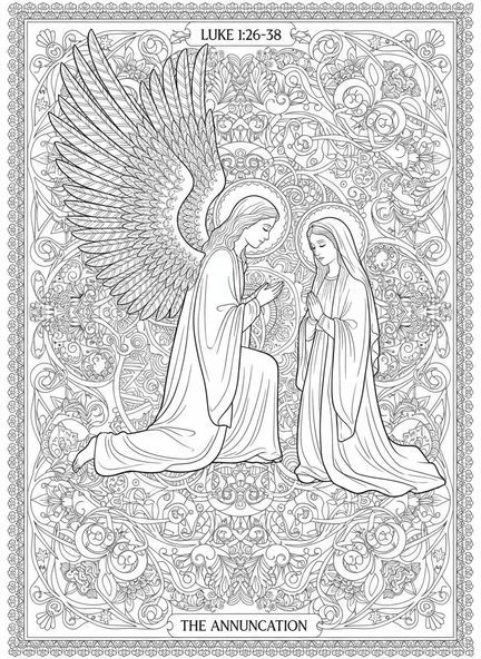 L'Ange Gabriel, page à colorier de l'Ange Gabriel pour adultes dans un style de journal biblique.