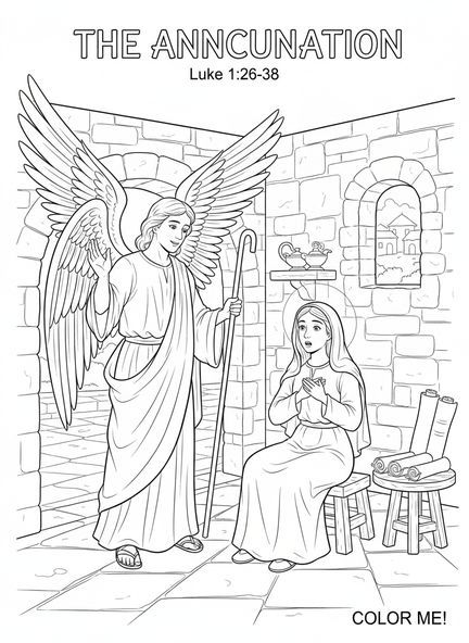 L'ange Gabriel apparaissant à Marie, page à colorier de l'ange Gabriel pour les enfants de l'École du dimanche âgés de 5 à 12 ans.