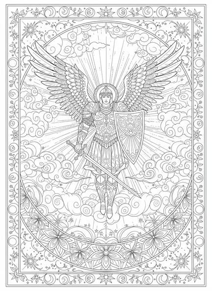 L'ange Michel descendant, page à colorier de l'ange Michel pour le style de journal biblique pour adultes.