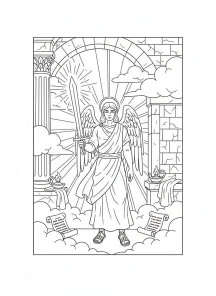 L'ange Michel dans une lumière éclatante, page à colorier de l'ange Michel pour les enfants de l'École du dimanche âgés de 5 à 12 ans.