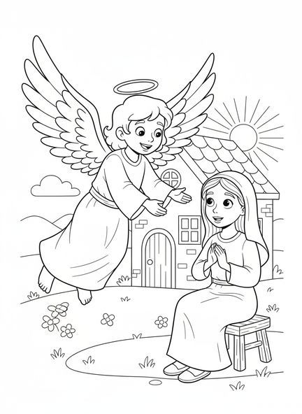 Un ange joyeux avec de grandes ailes, page à colorier d'ailes d'ange pour les enfants de 5 à 10 ans.