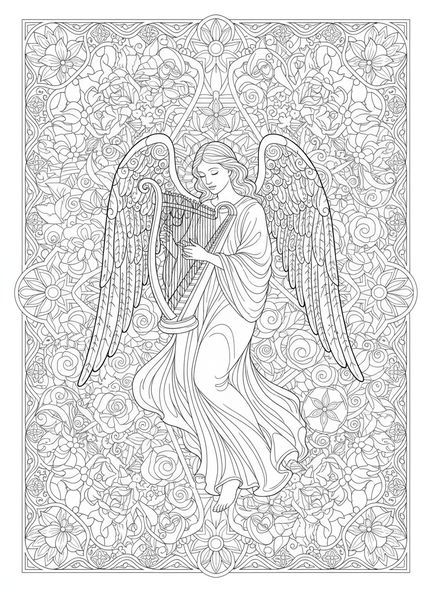 Ange serein, page à colorier Ange avec Harpe pour adultes dans un style de journal biblique