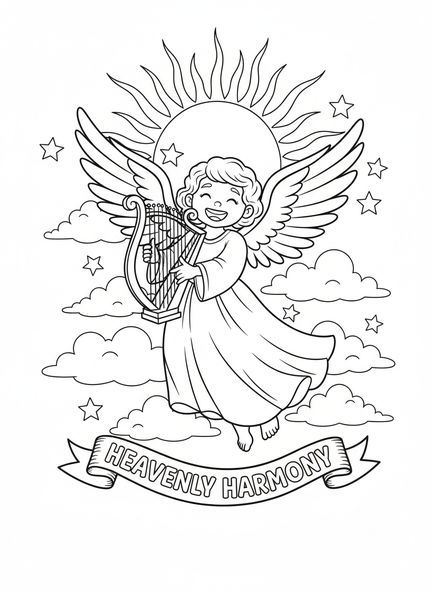 Ange joyeux, page à colorier Ange avec Harpe pour enfants de 5 à 10 ans