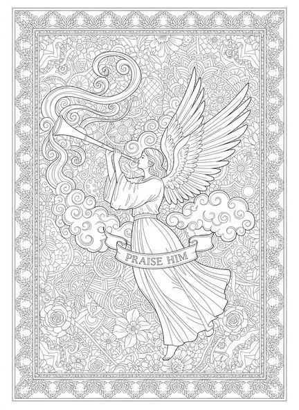Majestätischer Engel mit Trompete, Ausmalbild Engel mit Trompete für Erwachsene im Bibel-Journaling-Stil.