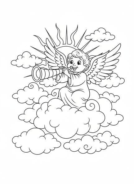 Fröhlicher Engel mit Trompete, Ausmalbild Engel mit Trompete für Kinder im Alter von 5-10 Jahren.