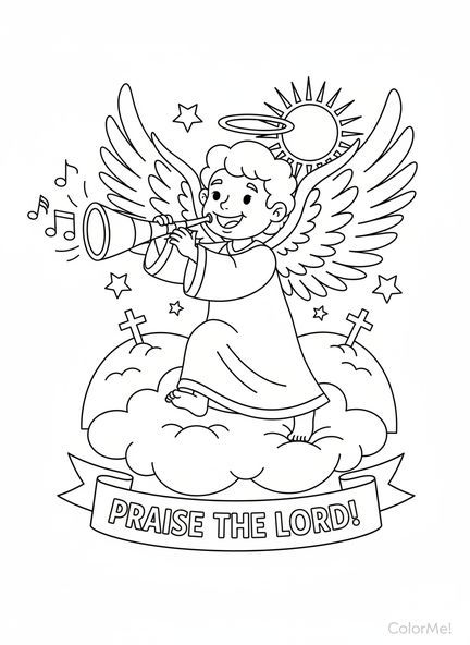 Engel mit Trompete, Ausmalbild Engel mit Trompete für Sonntagsschulkinder im Alter von 5-12 Jahren.