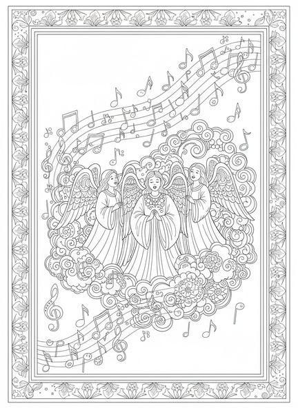 Anges chantant ensemble, page à colorier Anges Chantant au Ciel pour adultes dans un style de journal biblique