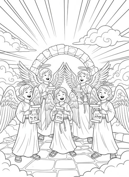 Groupe d'anges joyeux, page à colorier Anges Chantant au Ciel pour les enfants de l'École du dimanche âgés de 5 à 12 ans.