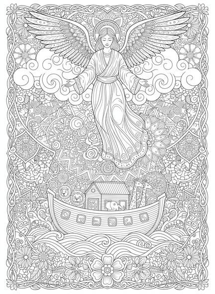 Anges majestueux, page à colorier de l'Ange Gardien pour adultes dans un style de journal biblique