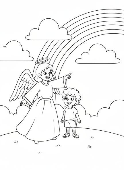 Un ange gardien joyeux avec un enfant, page à colorier d'ange gardien pour les enfants de 5 à 10 ans