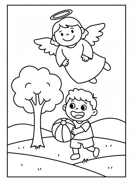 Ange gardien planant au-dessus d'un enfant, page à colorier Ange Gardien pour les enfants d'âge préscolaire de 3 à 5 ans