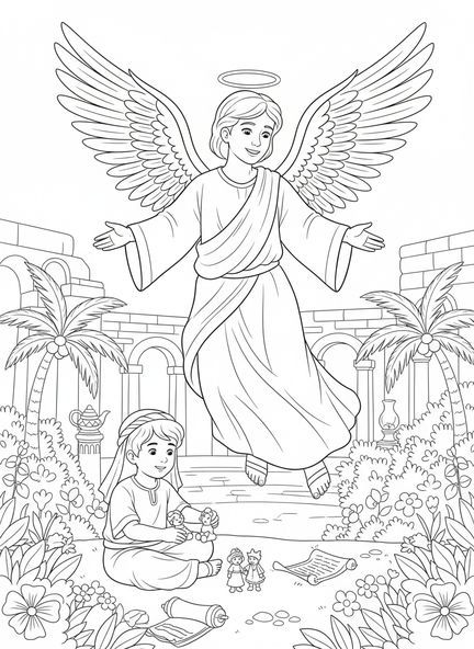 Ange gardien les bras ouverts, page à colorier Ange Gardien pour les enfants de l'École du dimanche âgés de 5 à 12 ans