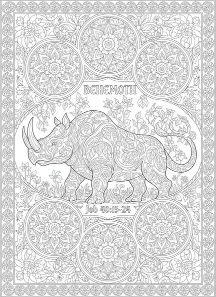 Majestätischer Behemoth, Behemoth Ausmalbild für Erwachsene im Bibel-Journaling-Stil