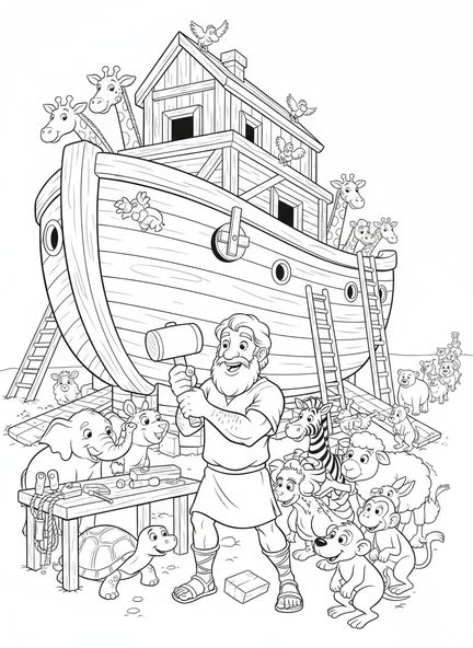 Noah baut die Arche, Behemoth Ausmalbild für Kinder im Alter von 5-10 Jahren.