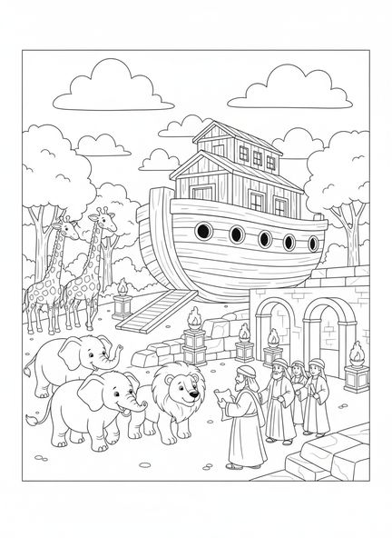 Des paires d'animaux marchant vers l'arche, page à colorier Behemoth pour les enfants de l'École du dimanche âgés de 5 à 12 ans.