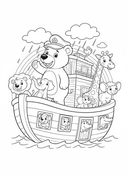 Ours joyeux sur l'arche, page à colorier Ours Biblique pour enfants de 5 à 10 ans.