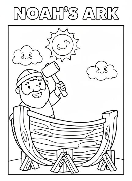 Noé souriant avec un marteau, page à colorier Bible Bear pour les enfants d'âge préscolaire de 3 à 5 ans