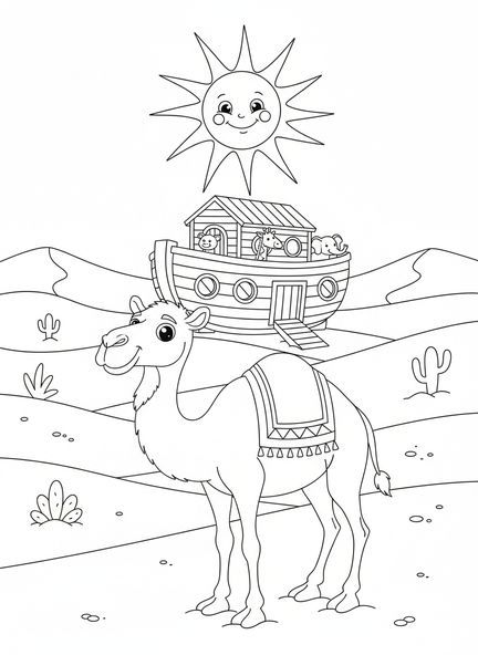 Fröhliches Kamel, Ausmalbild Kamel aus der Bibel für Kinder im Alter von 5-10 Jahren