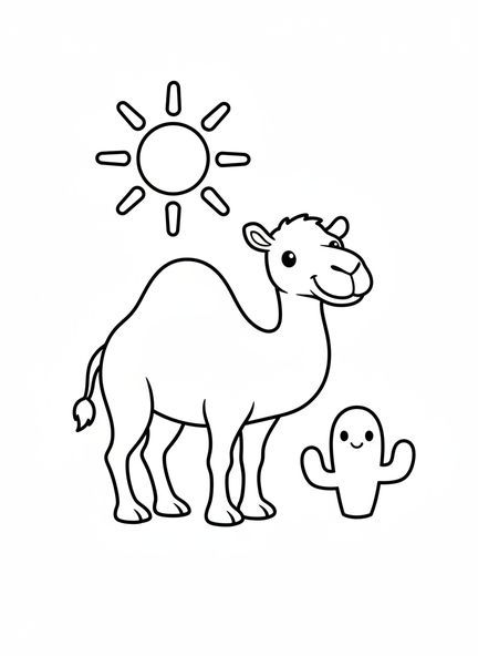 Lächelndes Cartoon-Kamel, Ausmalbild Kamel für Vorschulkinder im Alter von 3-5 Jahren