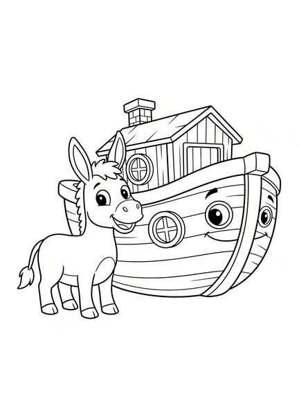 Âne souriant, page à colorier de l'âne biblique pour les enfants d'âge préscolaire de 3 à 5 ans.
