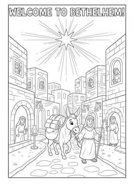 Burro cargando suministros, página para colorear de la Biblia sobre el burro para niños de la Escuela Dominical de 5 a 12 años.