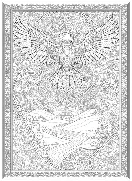 Majestätischer Adler im Flug, Ausmalbild für Erwachsene im Bibel-Journaling-Stil.