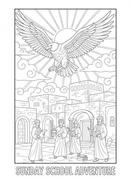Águila majestuosa volando, página para colorear del águila para niños de la Escuela Dominical de 5 a 12 años.
