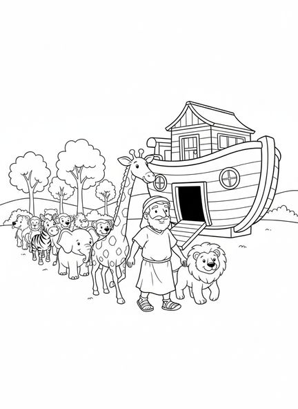 Noah sammelt Tiere, Ausmalbild von der Bibel für Kinder im Alter von 5-10 Jahren