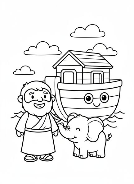 Lächelnder Noah mit der Arche, Ausmalbild von einer Bibelziege für Vorschulkinder im Alter von 3-5 Jahren