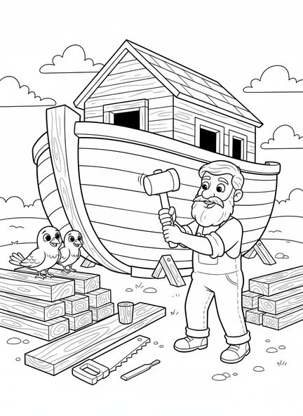 Noé construisant l'arche, page à colorier de la Bible pour enfants de 5 à 10 ans