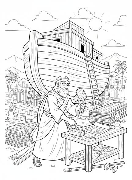Noé construyendo el arca, página para colorear de la Biblia de caballos para niños de Escuela Dominical de 5 a 12 años.
