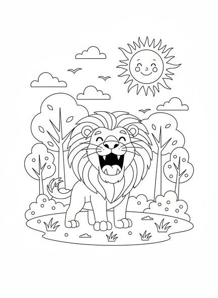 Cartoon-Löwe, der brüllt, Ausmalbild Löwe für Kinder im Alter von 5-10 Jahren.