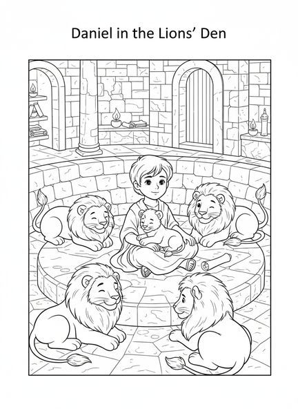 Daniel in einer Steingrube, Ausmalbild mit Löwen für die Sonntagsschule für Kinder im Alter von 5-12 Jahren.