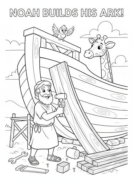 Noé martillando tablones, página para colorear de la Biblia para niños de 5 a 10 años
