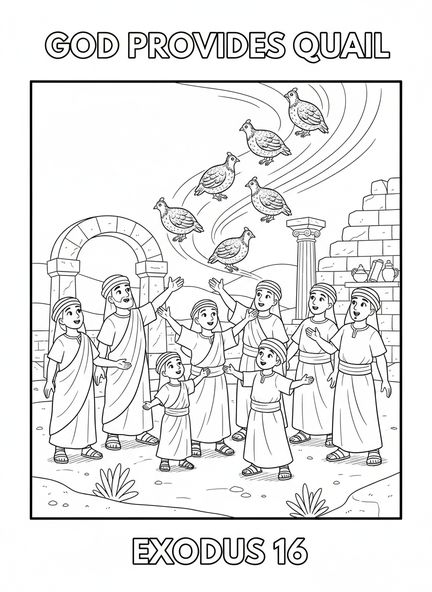Grupo de israelitas, página para colorear sobre las codornices de la Biblia para niños de la Escuela Dominical de 5 a 12 años.