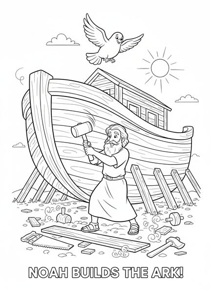 Noah beim Hämmern, Ausmalbild mit dem Raben aus der Bibel für Kinder im Alter von 5-10 Jahren.