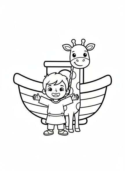 Lächelnder Noah mit Giraffe, Ausmalbild für die Bibel über den Raben für Vorschulkinder im Alter von 3-5 Jahren
