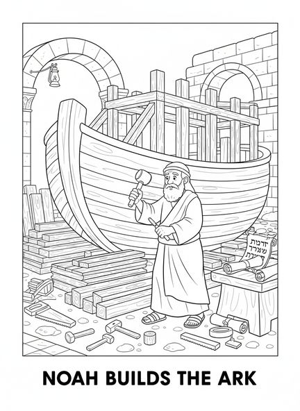 Noah baut die Arche, Ausmalbild vom Bibel-Raben für die Sonntagsschule für Kinder im Alter von 5-12 Jahren.