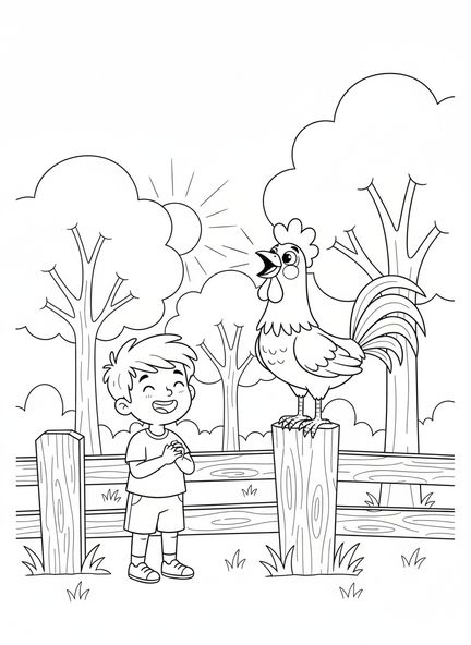 Coq joyeux, page à colorier de la Bible pour enfants de 5 à 10 ans