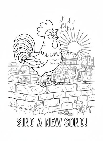 Gallo alegre, página para colorear del Gallo Bíblico para niños de Escuela Dominical de 5 a 12 años.