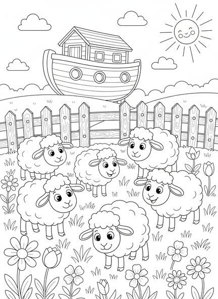 Moutons joyeux, page à colorier Moutons Bibliques pour enfants de 5 à 10 ans