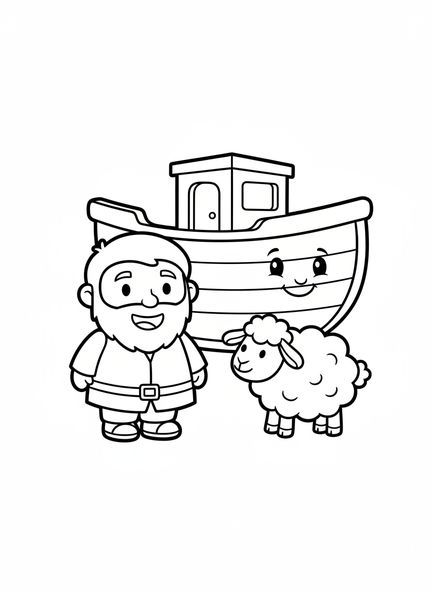Noé souriant avec l'arche, page à colorier des moutons bibliques pour les enfants d'âge préscolaire de 3 à 5 ans.