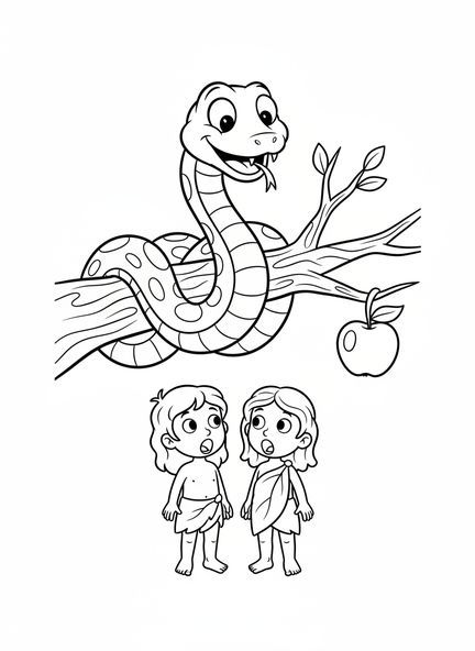 Serpiente enroscada en un árbol, página para colorear de la Biblia sobre la Serpiente para niños de 5 a 10 años